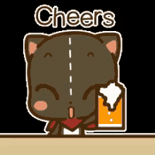 a cartoon cat is holding a glass of beer and cheers