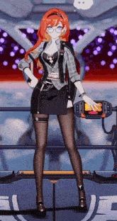 a girl with red hair and glasses is standing in front of a machine with the letter u in the background