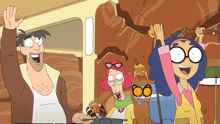 a group of cartoon characters are standing next to each other and one of them is wearing glasses