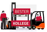 a man is driving a toyota forklift and a woman is pushing a toyota pallet truck