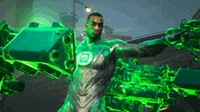 a man in a green lantern costume is standing in front of a large green object