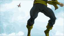 a cartoon character is standing in the air with a bird flying overhead