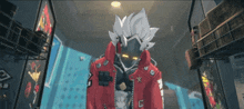 a cartoon character wearing a red jacket with a g on it