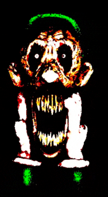 a drawing of a clown with a green hat and a large mouth
