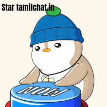 a penguin wearing a blue beanie is pressing a wow button