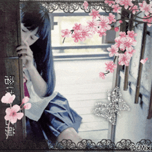 a picture of a girl with pink flowers and picmix written on the bottom right