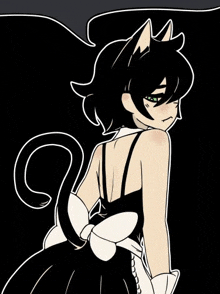 a girl with cat ears is wearing a black and white dress with a bow .