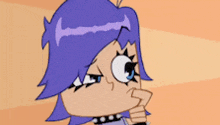 a cartoon character with purple hair and a choker