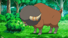 a cartoon bison standing in a grassy field