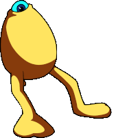 a cartoon drawing of a yellow egg with a blue eye and long legs