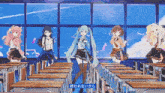 a group of anime girls are standing in a classroom with a sign that says ' 終わり ない から '