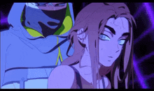 a man and woman are standing next to each other in a cartoon .