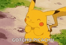 a cartoon pikachu is standing on a dirt road and says `` gotchu-pikachu '' .