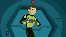 a cartoon of a man in a green and black outfit