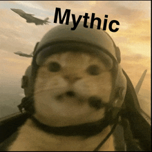 a cat wearing a helmet with the word mythic written above it