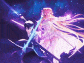 a man and a woman are holding swords in a purple background .