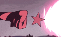 a cartoon drawing of a hand holding a red star with a light coming out of it