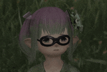 a girl with purple hair and green ears wearing glasses