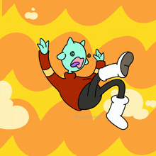 a cartoon character with a green face is falling in the air with a yellow background behind him