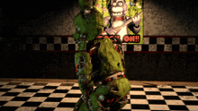 a cartoon character playing a guitar in front of a sign that says " rock on "