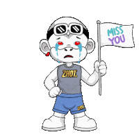 a cartoon character is holding a flag that says " miss you "