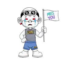 a cartoon character is holding a flag that says " miss you "