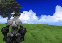 a video game character is standing in a grassy field with a tree in the background