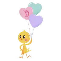 a cartoon character holding three heart shaped balloons with the letter d on them