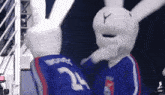two rabbit mascots wearing blue jerseys with the number 24 on the back