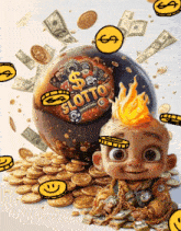 a baby is sitting on a pile of money in front of a lottery ball