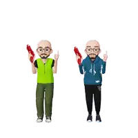 two cartoon characters are standing next to each other and pointing upwards
