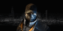 a man wearing a mask and a hat with the letter m on the front