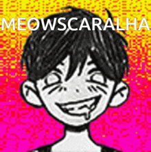 a black and white drawing of a boy with the words meowscaralha written on it