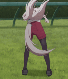 a girl with long white hair is standing in a field