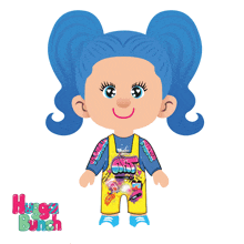 a cartoon drawing of a girl with blue hair and yellow overalls