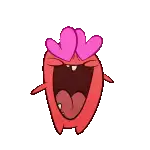 a red cartoon character with two pink hearts on his head