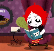 a girl with red hair is reading a book with a skull and crossbones on it