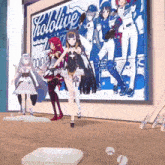 a group of anime girls are standing in front of a hololive poster