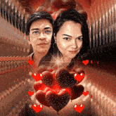 a man and a woman are surrounded by red hearts
