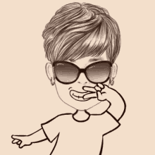 a black and white drawing of a woman wearing sunglasses and making a peace sign .