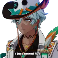 a cartoon character says i just turned five while wearing a feathered hat