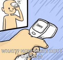 a cartoon of a person holding a thermometer that says horny on it