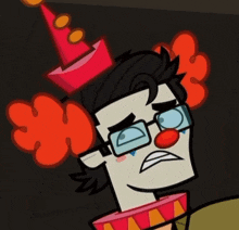 a cartoon character with glasses and a clown hat on his head