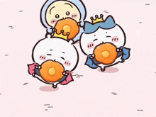 three cartoon characters are eating donuts and one has a crown on her head