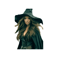 a woman dressed as a witch with long hair and a black hat