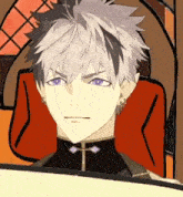 a close up of a cartoon character with purple eyes sitting in a red chair .