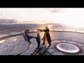 a video game scene with a man holding a gun and a man holding a shield