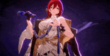 a woman with red hair is holding a microphone and a sword