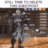 a man in armor is standing in front of a wooden wall .
