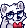 a white cat with glasses and a red bow tie is thinking .